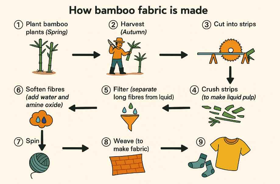 The image is a diagram titled “How bamboo fabric is made.” It visually explains the nine-step process of producing bamboo fabric, using simple illustrations and arrows to show the sequence.  The steps include:  Plant bamboo plants (shown with small green bamboo shoots).  Harvest the bamboo (a person cutting bamboo).  Cut the harvested bamboo into strips (illustrated with a saw).  Crush the strips into liquid pulp.  Filter the pulp to separate long fibers from the liquid.  Soften the fibers by adding water and amine oxide.  Spin the softened fibers into yarn.  Weave the yarn to make the fabric.  Produce the final product, represented by a finished yellow T-shirt.  The diagram uses simple icons, arrows, and labels to show each stage clearly.